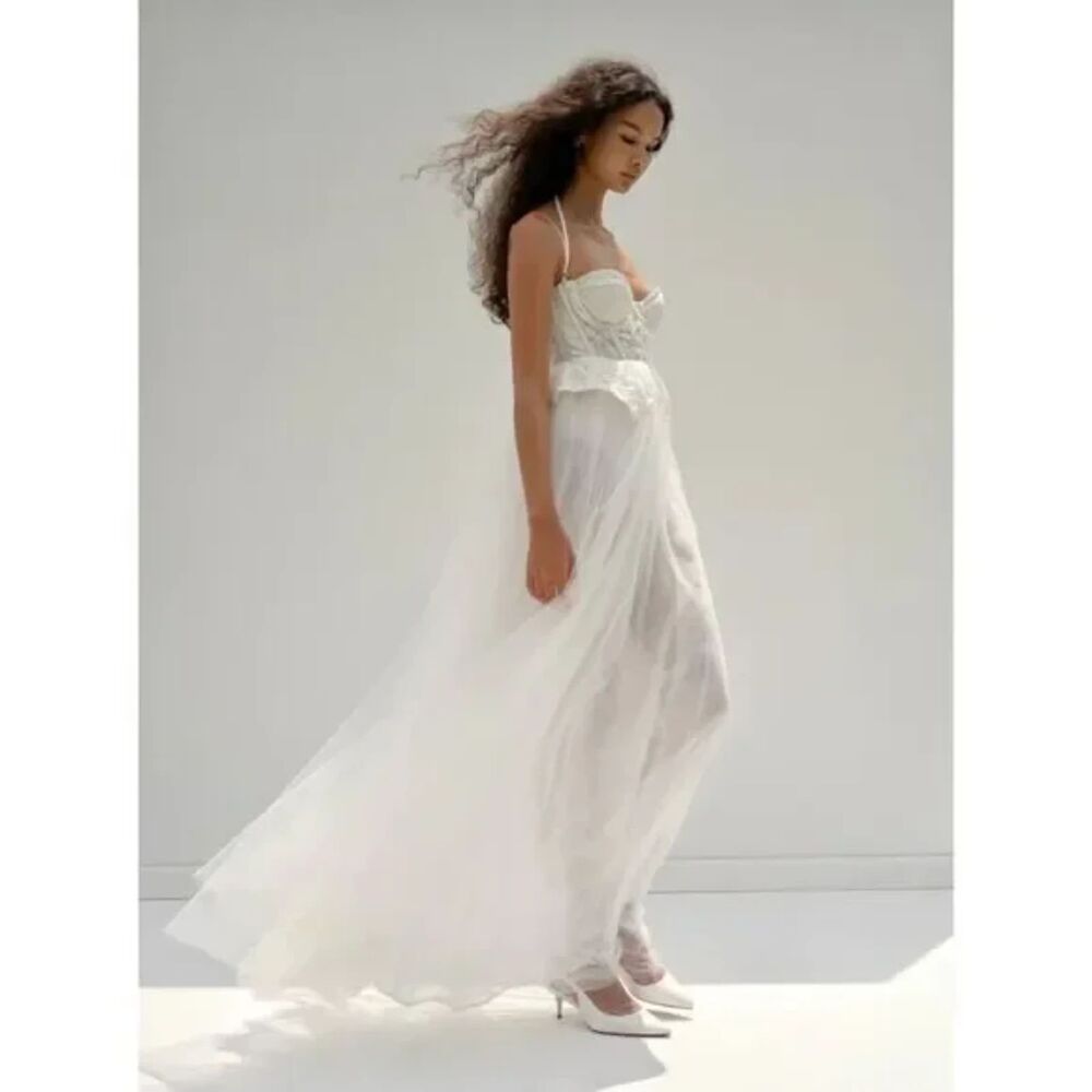 For Love & Lemons | Lily Bridal Gown Dress Size M NWT White Lace Corset Tulle - Picture 3 of 14